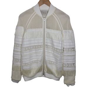 Emma Cook Isabella Cotton Bomber White/Ivory Womens SZ 8 Fringe/Mesh Zip Up NEW